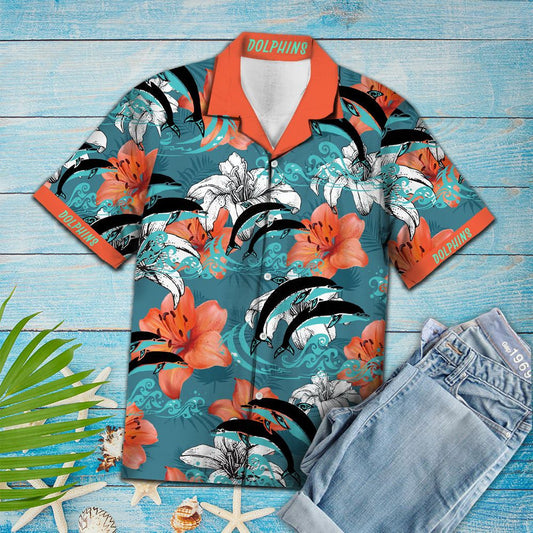 Lovely Dolphin Group Jumping On Hibiscus Flower Hawaiian Shirt, Hawaiian Shirt Gift, Christmas Gift