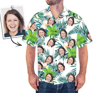 Green Tropical Leaves And Flowers Custom Photo Hawaiian Shirt, Hawaiian Shirt Gift, Christmas Gift