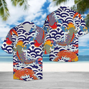 Amazing Koi Fish Navy And White Scale Pattern Hawaiian Shirt, Hawaiian Shirt Gift, Christmas Gift