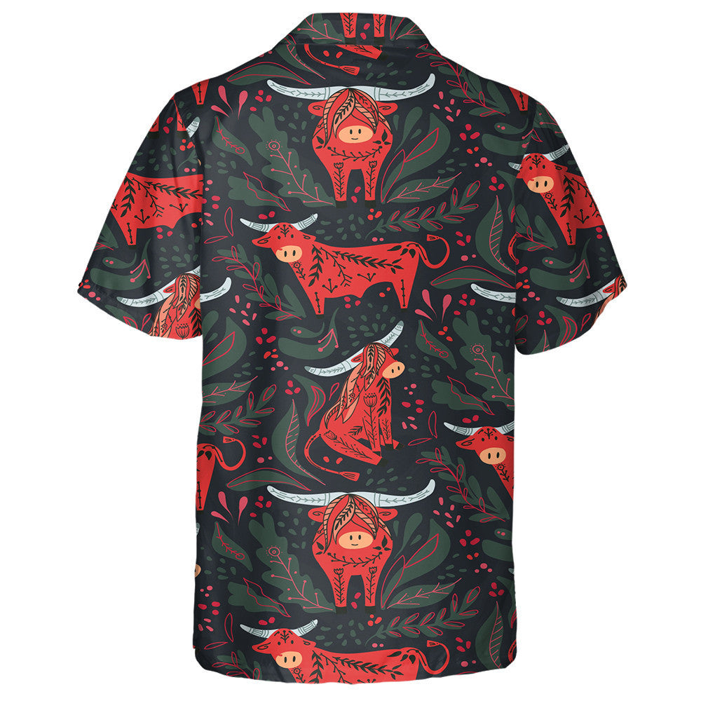 Funny Red Cow With Tribal Ornaments Hawaiian Shirt,Hawaiian Shirt Gift, Christmas Gift