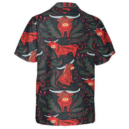 Funny Red Cow With Tribal Ornaments Hawaiian Shirt,Hawaiian Shirt Gift, Christmas Gift