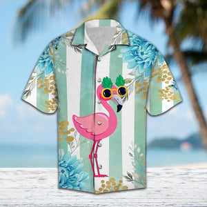 Amazing Summer Tropical Flamingo Blue Striped Pattern Hawaiian Shirt, Hawaiian Shirt Gift, Christmas Gift