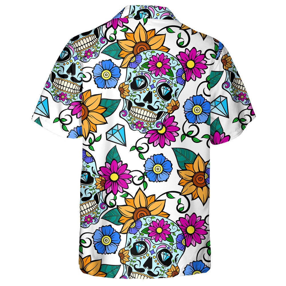 Bright Background With Sugar Skulls Sunflowers And Diamonds Hawaiian Shirt, Hawaiian Shirt Gift, Christmas Gift