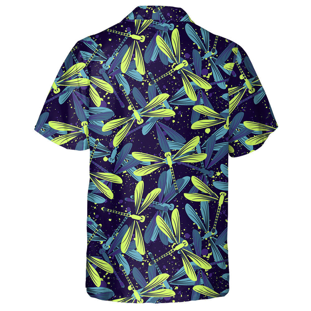 Neon Bright Flying Dragonfly On Dark Hawaiian Shirt, Hawaiian Shirt Gift, Christmas Gift