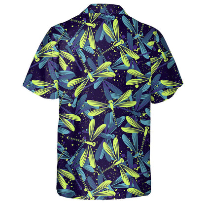 Neon Bright Flying Dragonfly On Dark Hawaiian Shirt, Hawaiian Shirt Gift, Christmas Gift