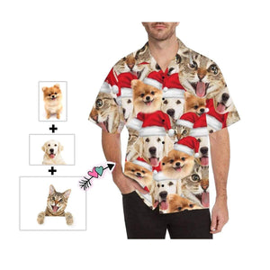 Custom Face Pet Christmas Hat Seamless Men's All Over Print Hawaiian Shirt, Hawaiian Shirt Gift, Christmas Gift.