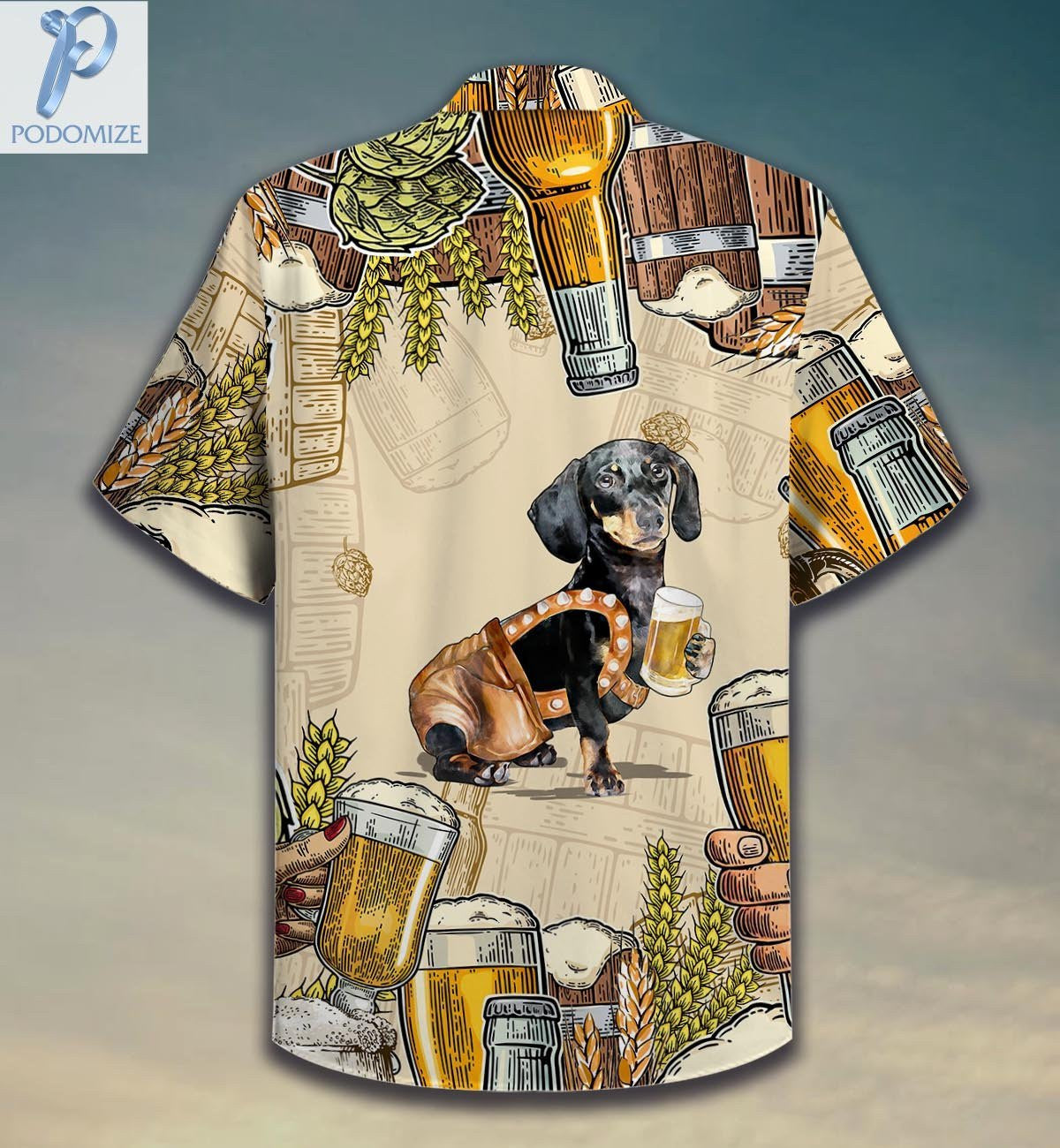 Black Dachshund Drinking Beer Pattern Hawaiian Shirt, Hawaiian For Gift