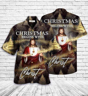 Christmas Begins With Christ Pine Tree Background Hawaiian Shirt, Hawaiian Shirt Gift, Christmas Gift.