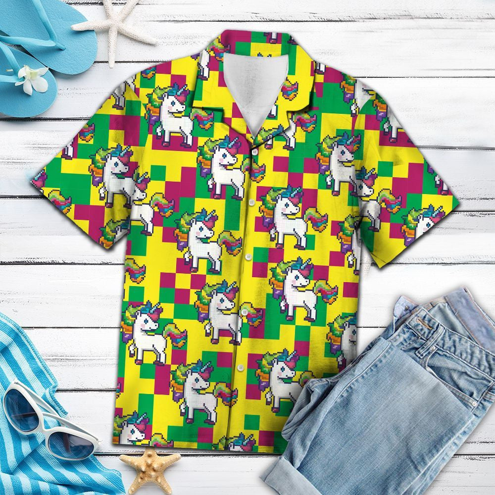 Cartoon Lovely Unicorn On Colorful Lego Pattern Hawaiian Shirt, Hawaiian Shirt Gift, Christmas Gift