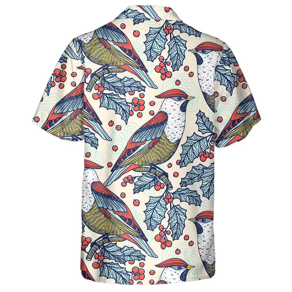 Bird Waxwings And Holly Berries Hawaiian Shirt, Hawaiian For Gift