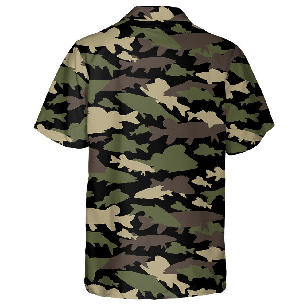 Creative Dark Green Brown Camouflage Fishing Silhouette Hawaiian Shirt, Hawaiian Shirt Gift, Christmas Gift