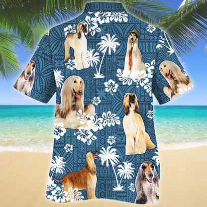 Tall Afghan Hound Dog Blue Tribal Pattern Hawaiian Shirt, Hawaiian Shirt Gift, Christmas Gift