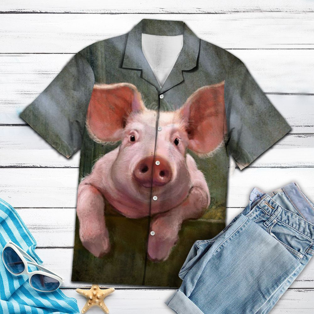 Happy Pig Peeking Portrait Themed Hawaiian Shirt, Hawaiian For Gift
