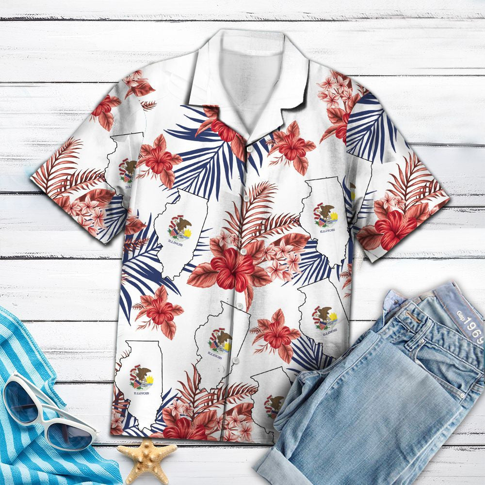 Illinois Map With Red Hibiscus And Leaves Hawaiian Shirt, Hawaiian Shirt Gift, Christmas Gift