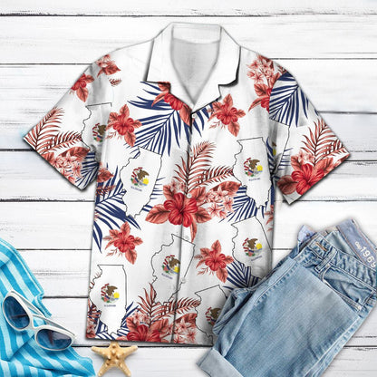 Illinois Map With Red Hibiscus And Leaves Hawaiian Shirt, Hawaiian Shirt Gift, Christmas Gift