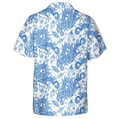 Chinese Traditional Blue Dragons And Lotus Flowers Hawaiian Shirt, Hawaiian Shirt Gift, Christmas Gift