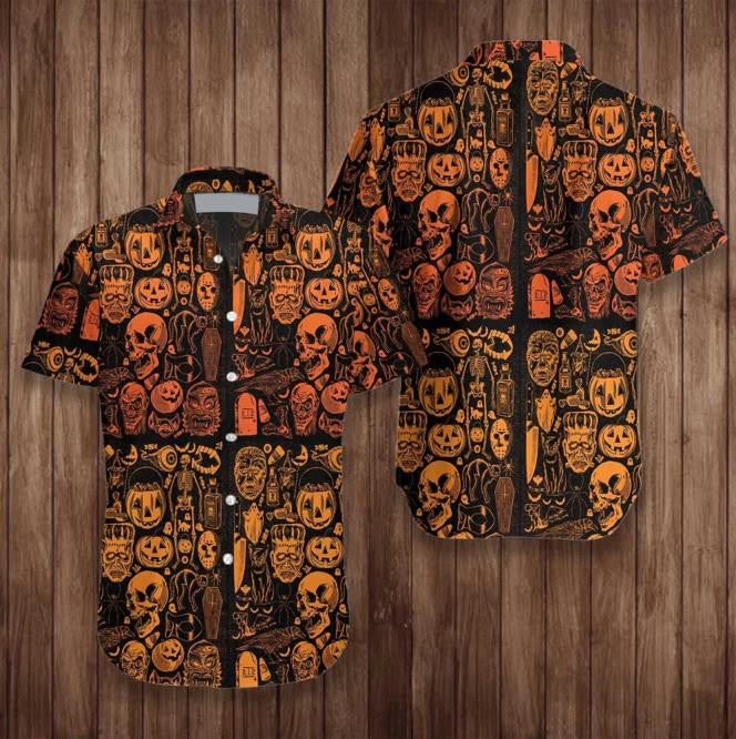 Orange Pumpkin Skull Born Halloween Hawaiian Shirt,Hawaiian Shirt Gift, Christmas Gift