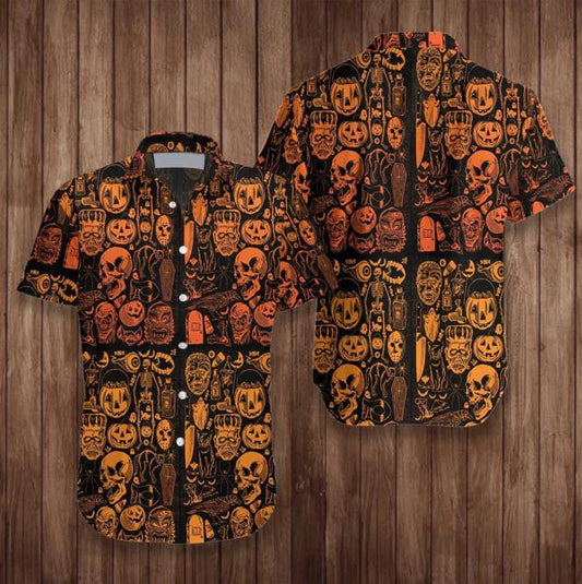 Orange Pumpkin Skull Born Halloween Hawaiian Shirt,Hawaiian Shirt Gift, Christmas Gift
