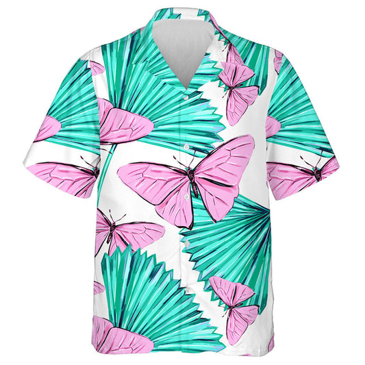 Theme Pink Butterflies And Palm Leaves Hawaiian Shirt,Hawaiian Shirt Gift, Christmas Gift