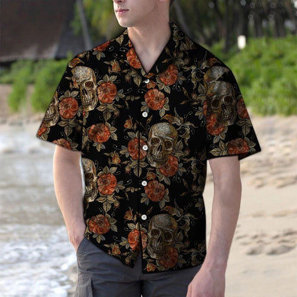 Vintage Skull With Classic Roses Hawaiian Shirt, Hwaiian For Gift