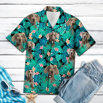 Weimaraner Tropical Flower Pattern Turquoise Theme Hawaiian Shirt, Hawaiian Shirt Gift, Christmas Gift