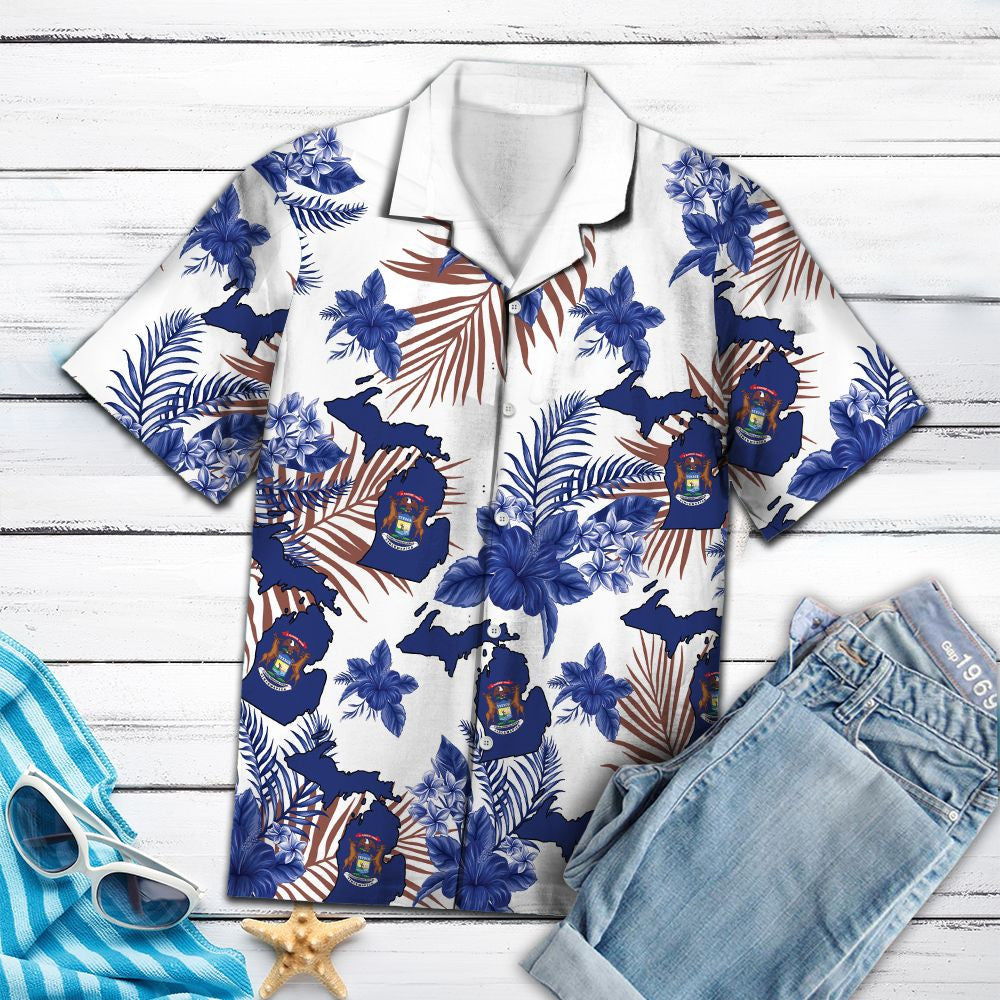 Léarscáil Michigan le Hibiscus Gorm Trópaiceach Agus Duilleoga Léine Haváís, Bronntanas Léine Haváís, Bronntanas Nollag