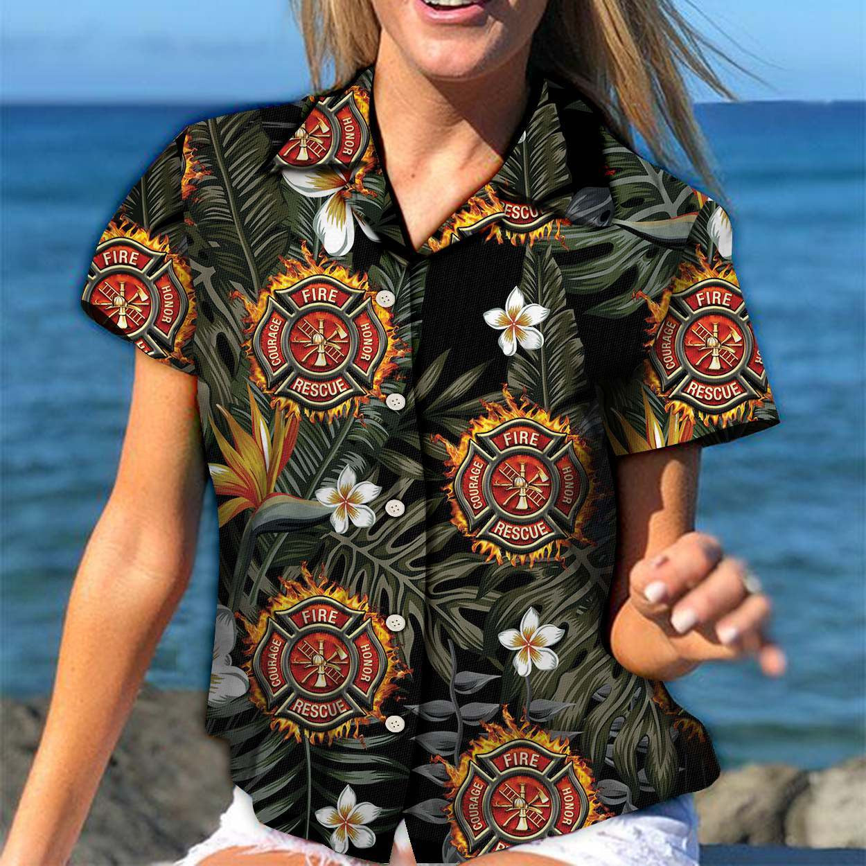 Logo Of Firefighter With Tropical Ferns Pattern Hawaiian Shirt, Hawaiian Shirt Gift, Christmas Gift