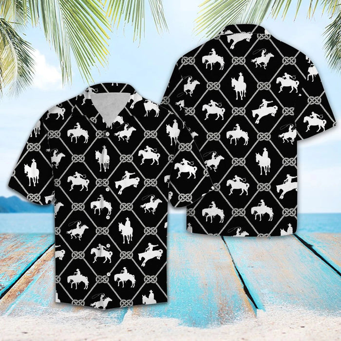 White Cowboy Riding Horse In Black Design Hawaiian Shirt, Hwaiian For Gift