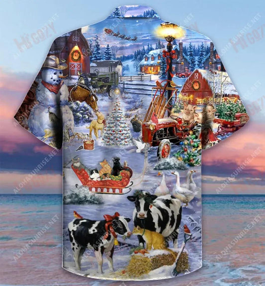 Christmas Night On The Farm Short Hawaiian Shirt Ocean Tropical Shirts Vintage Hawaiian Shirts Crazy Shirts Hawaii__Hawaiian Shirt Gift, Christmas Gift