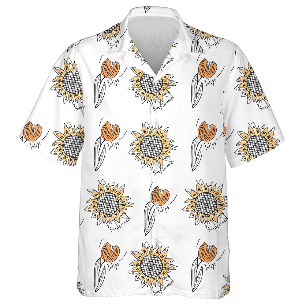 Simple Doodle Style Tulips And Sunflowers Pattern Hawaiian Shirt, Hawaiian Shirt Gift, Christmas Gift
