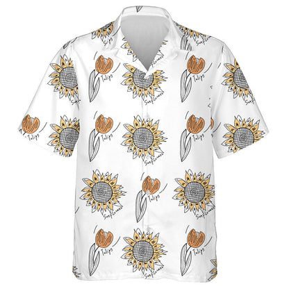 Simple Doodle Style Tulips And Sunflowers Pattern Hawaiian Shirt, Hawaiian Shirt Gift, Christmas Gift