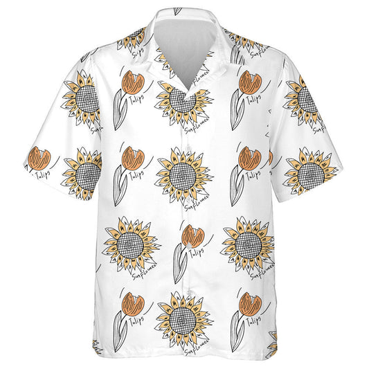 Simple Doodle Style Tulips And Sunflowers Pattern Hawaiian Shirt, Hawaiian Shirt Gift, Christmas Gift