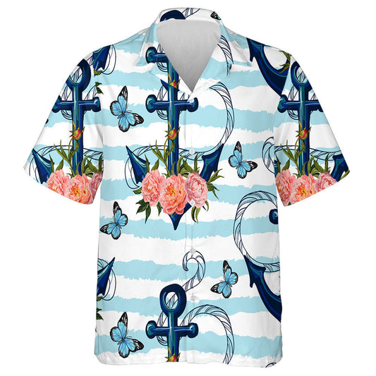 Theme Sea Anchor Peonies And Butterflies Hawaiian Shirt,Hawaiian Shirt Gift, Christmas Gift