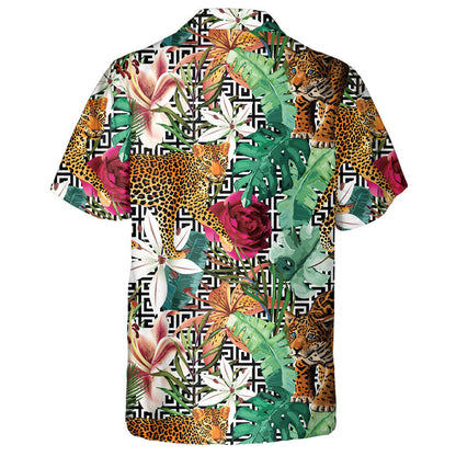 Liopard Fiáin na hAfraice san Fhoraois Trópaiceach Cúlra Geoiméadrach Léine Haváí, Bronntanas Léine Haváís, Bronntanas Nollag