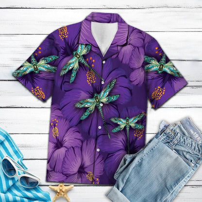 Hawaiian Shirt Purple Hibiscus Blooming With Green Dragonfly, Hawaiian For Gift