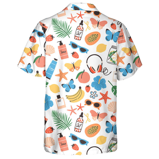 Duilleoga pailme Samhraidh Lámh-tharraingthe spéaclaí gréine agus féileacáin Léine haváíais, bronntanas Léine haváíais, bronntanas Nollag