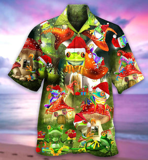 Funny Frog With Mushrooms Cartoon Pattern Merry Christmas Hawaiian Shirt, Hawaiian Shirt Gift, Christmas Gift