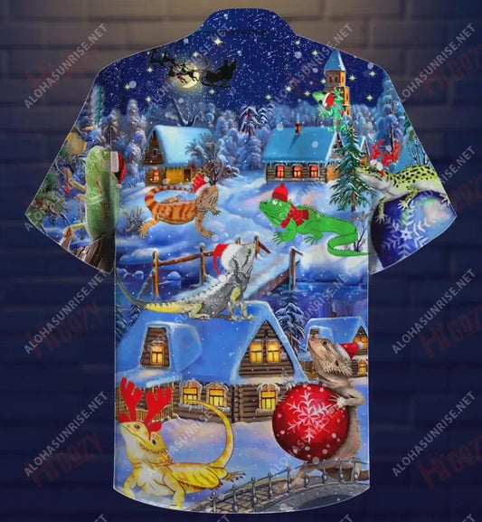 Christmas Lizard Short Short Sleeve Shirt Ocean Aloha Shirt Custom Hawaiian Shirts Hawaiian Shirt Pattern__Hawaiian Shirt Gift, Christmas Gift
