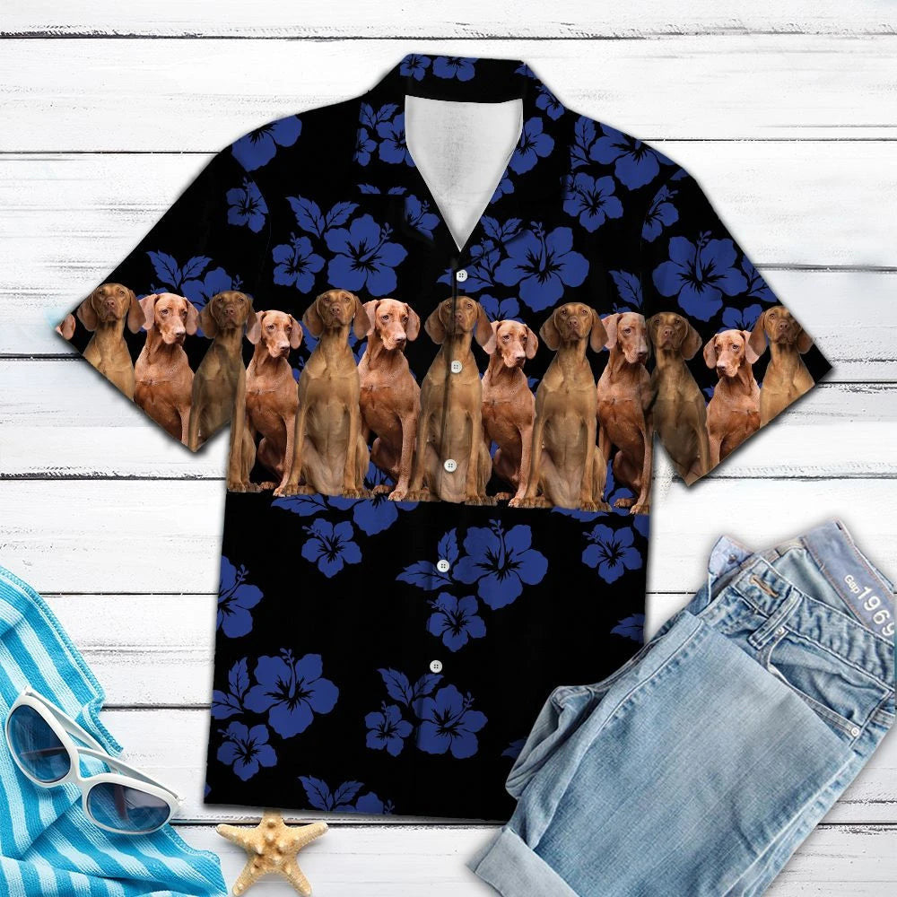 Blue Hibiscus With Vizsla Dogs In Black Hawaiian Shirt, Hawaiian Shirt Gift, Christmas Gift