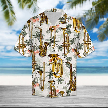 Golden Saxophone With Palm Trees In White Hawaiian Shirt, Hawaiian Shirt Gift, Christmas Gift