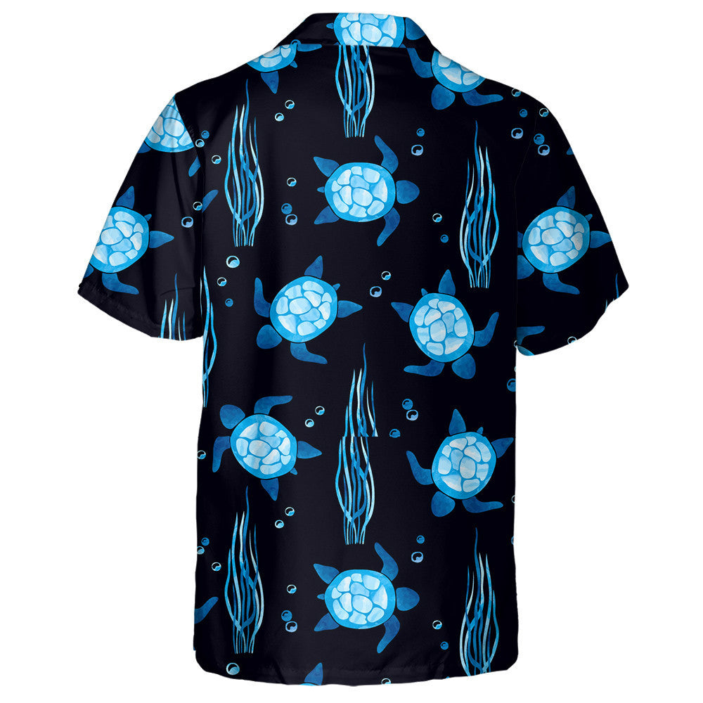 Neon Blue Turtles And Seaweeds On Black Hawaiian Shirt, Hawaiian Shirt Gift, Christmas Gift