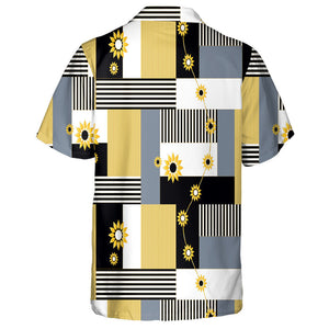 Abstract Striped Golden Rectangles And Flower On Black Background Hawaiian Shirt, Hawaiian Shirt Gift, Christmas Gift