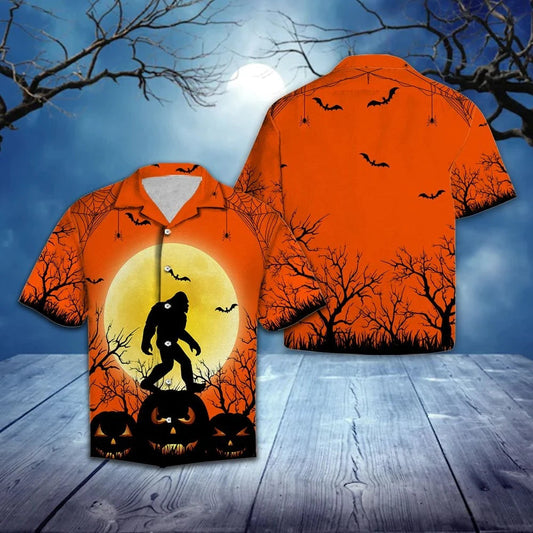 Bigfoot uaigneach ag Siúl Ar Phatrún Oíche Shamhna Pumkin Léine Haváís, Bronntanas Léine Haváíais, Bronntanas Nollag