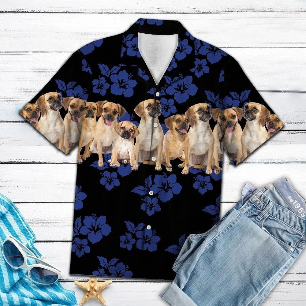 Blue Hibiscus With Pug Dogs In Black Hawaiian Shirt, Hawaiian Shirt Gift, Christmas Gift