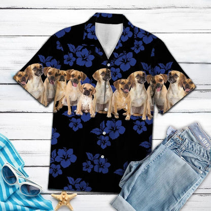 Blue Hibiscus With Pug Dogs In Black Hawaiian Shirt, Hawaiian Shirt Gift, Christmas Gift