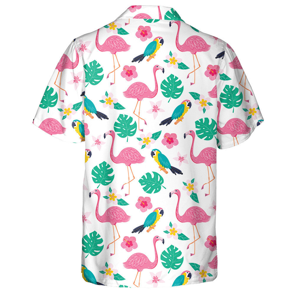 Exotic Leaves Flowers Flamingo And Parrot Hawaiian Shirt,Hawaiian Shirt Gift, Christmas Gift
