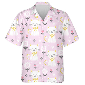Girly Cat And Sunflower On Pink Background Hawaiian Shirt,Hawaiian Shirt Gift, Christmas Gift