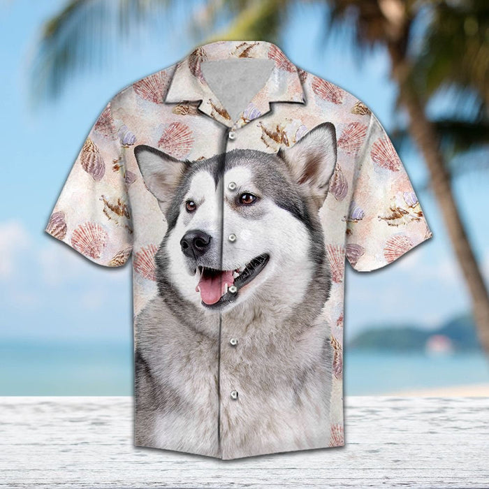 Summer Beach Seashells And Cute Alaskan Malamute Portrait Hawaiian Shirt, Hawaiian Shirt Gift, Christmas Gift