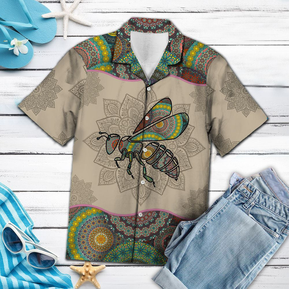 Brown Background Bee Mandala Flower Patchwork Pattern Hawaiian Shirt, Hawaiian Shirt Gift, Christmas Gift
