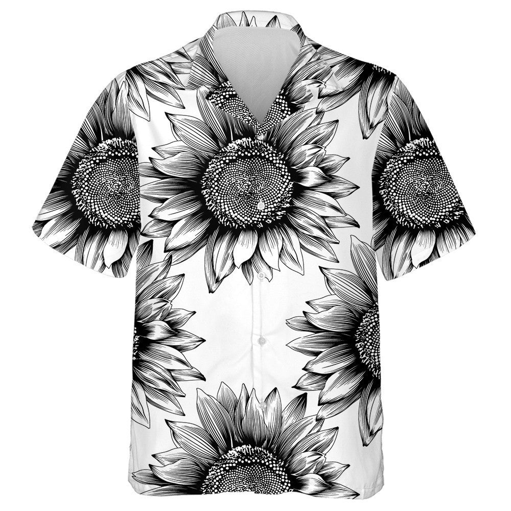 Black Sketch Art Of Sunflowers Blooming Pattern Hawaiian Shirt, Hawaiian Shirt Gift, Christmas Gift